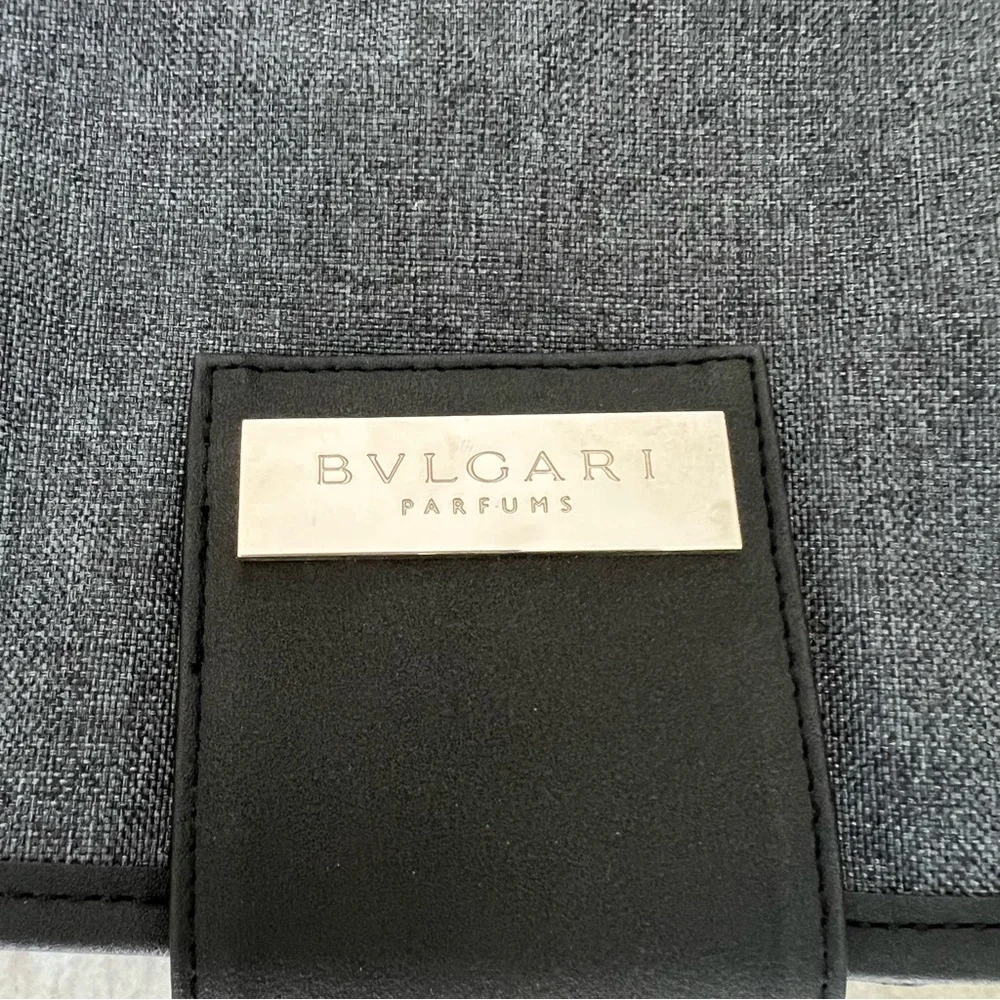 Bvlgari Parfume Black Leather Gray Canvas Bifold Cosmetic Novelty Pouch Case